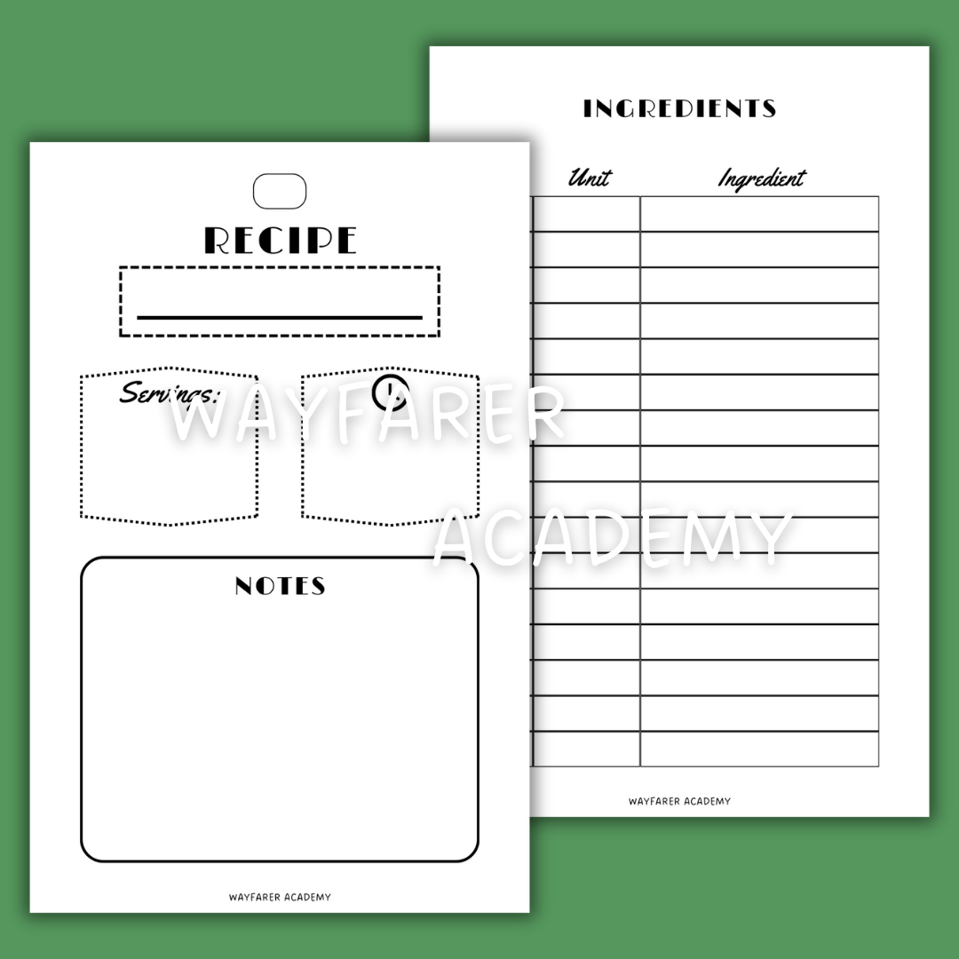 Recipe book recipe and ingredients template printable insert