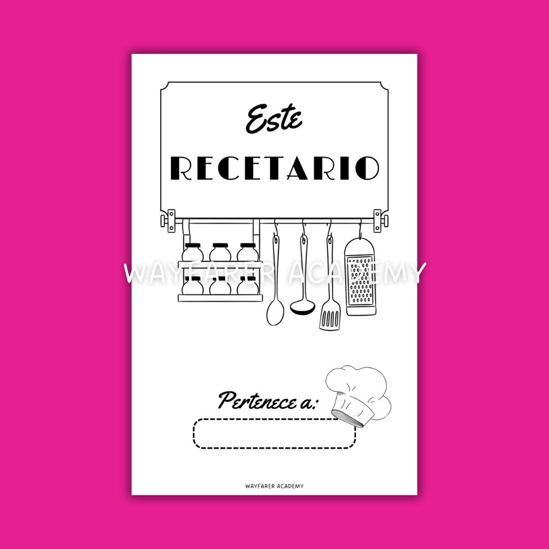 Papelería digital. Plantillas imprimibles. Recetario de cocina para recetas familiares. Las recetas de mi mamá.  Página "este recetario pertenece a". Blanco y negro.
