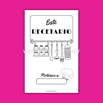 Papelería digital. Plantillas imprimibles. Recetario de cocina para recetas familiares. Las recetas de mi mamá.  Página "este recetario pertenece a". Blanco y negro.