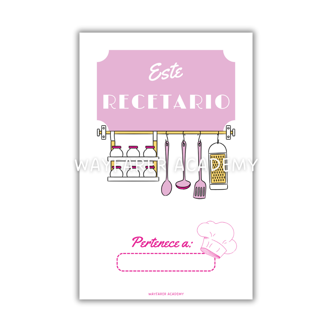 Papelería digital. Plantillas imprimibles. Recetario de cocina para recetas familiares. Las recetas de mi mamá.  Página "este recetario pertenece a". Color rosa.