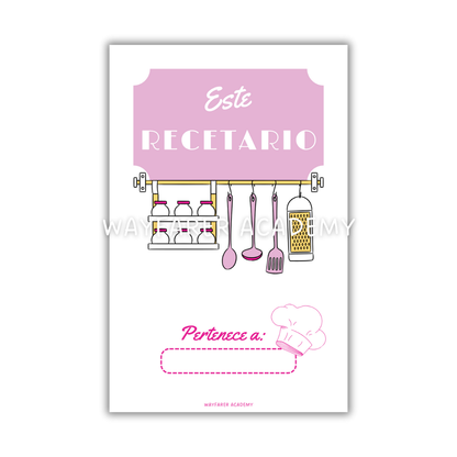 Papelería digital. Plantillas imprimibles. Recetario de cocina para recetas familiares. Las recetas de mi mamá.  Página "este recetario pertenece a". Color rosa.