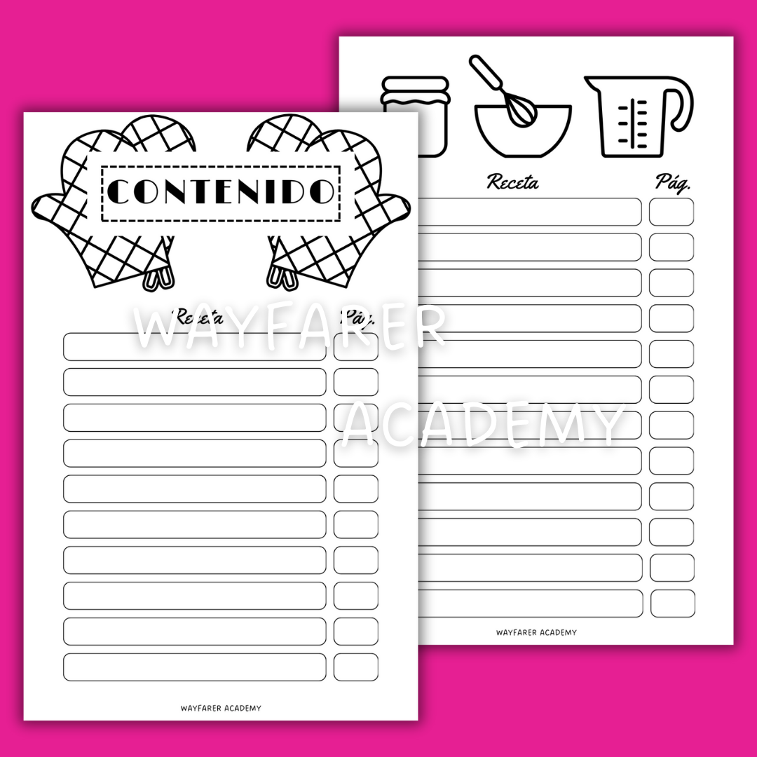 Papelería digital. Plantillas imprimibles. Recetario de cocina para recetas familiares. Las recetas de mi mamá. Índice de recetas. Blanco y negro.