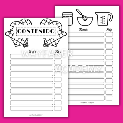 Papelería digital. Plantillas imprimibles. Recetario de cocina para recetas familiares. Las recetas de mi mamá. Índice de recetas. Blanco y negro.