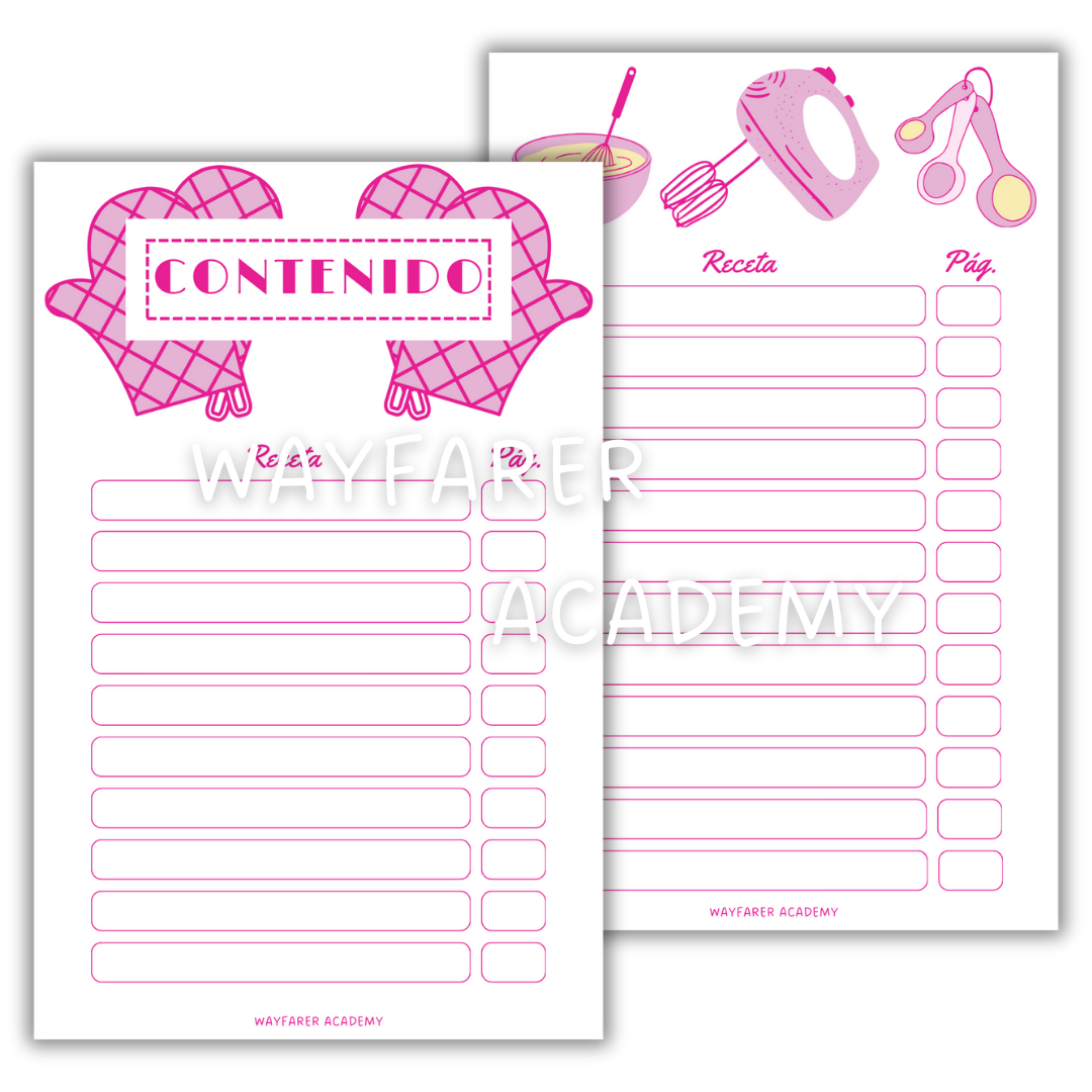 Papelería digital. Plantillas imprimibles. Recetario de cocina para recetas familiares. Las recetas de mi mamá. Índice de recetas. Color rosa.