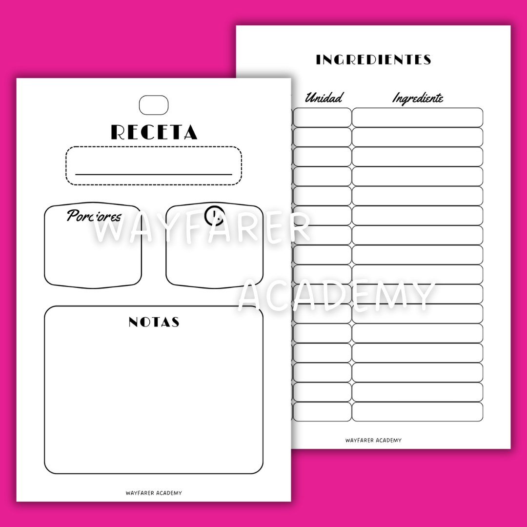 Papelería digital. Plantillas imprimibles. Recetario de cocina para recetas familiares. Las recetas de mi mamá. Ingredientes. Blanco y negro.
