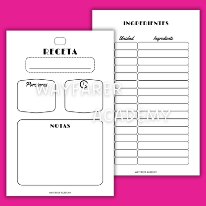 Papelería digital. Plantillas imprimibles. Recetario de cocina para recetas familiares. Las recetas de mi mamá. Ingredientes. Blanco y negro.