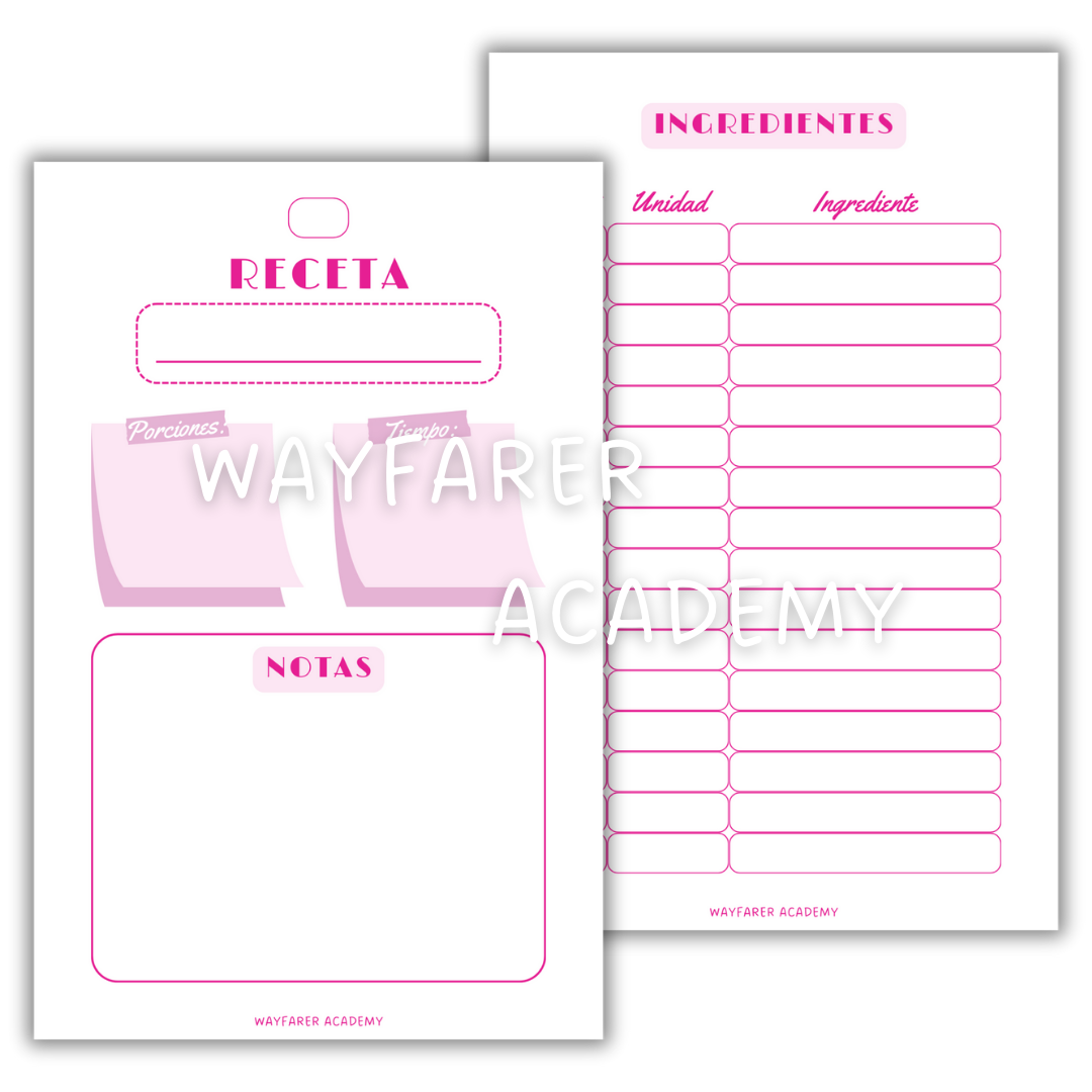 Papelería digital. Plantillas imprimibles. Recetario de cocina para recetas de familiares. Las recetas de mi mamá. Ingredientes. Color rosa.