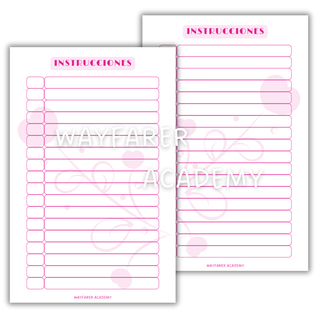 Papelería digital. Plantillas imprimibles. Recetario de cocina para recetas de familiares. Las recetas de mi mamá. Instrucciones. Color rosa con corazones en marca de agua.