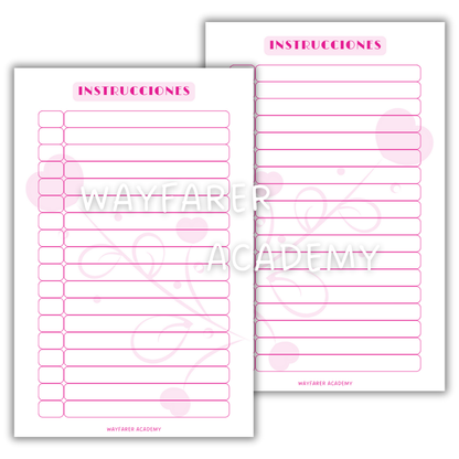 Papelería digital. Plantillas imprimibles. Recetario de cocina para recetas de familiares. Las recetas de mi mamá. Instrucciones. Color rosa con corazones en marca de agua.