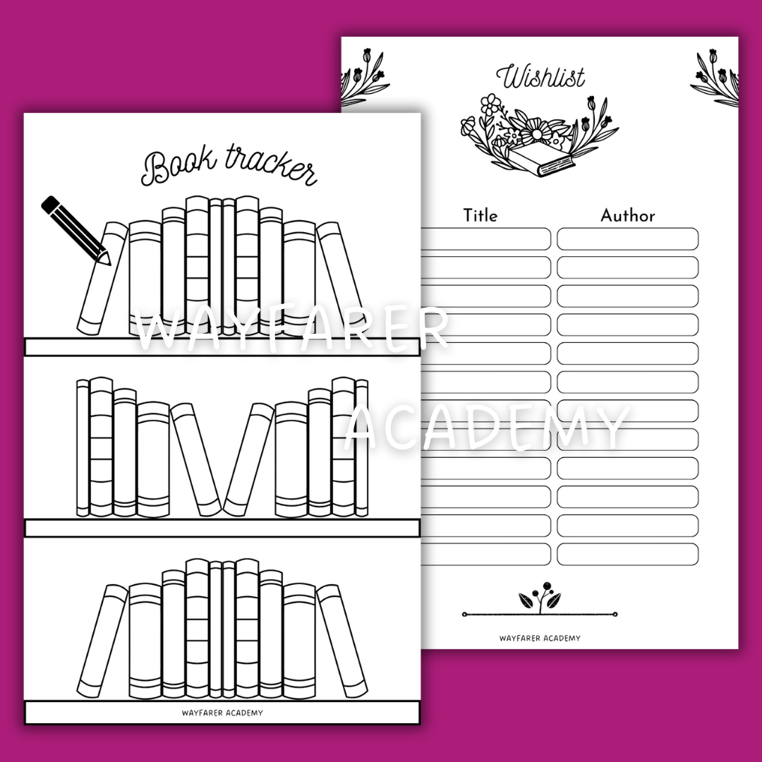 Printable templates. Reading journal. Book tracker bookshelf and books I want to read whishlist. Digital stationery. Black and white. 