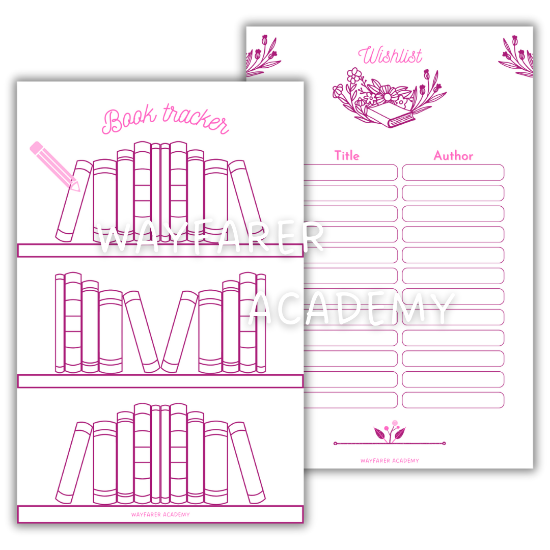 Printable templates. Reading journal. Book tracker bookshelf and books I want to read whishlist. Digital stationery. Pink color.