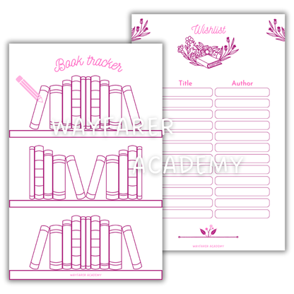 Printable templates. Reading journal. Book tracker bookshelf and books I want to read whishlist. Digital stationery. Pink color.