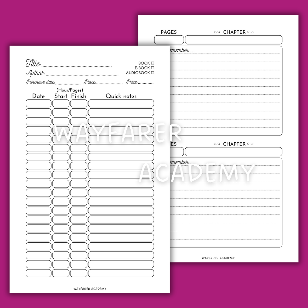 Printable templates. Reading journal. 20 or 2 entries per page. Digital stationery. Black and white. 
