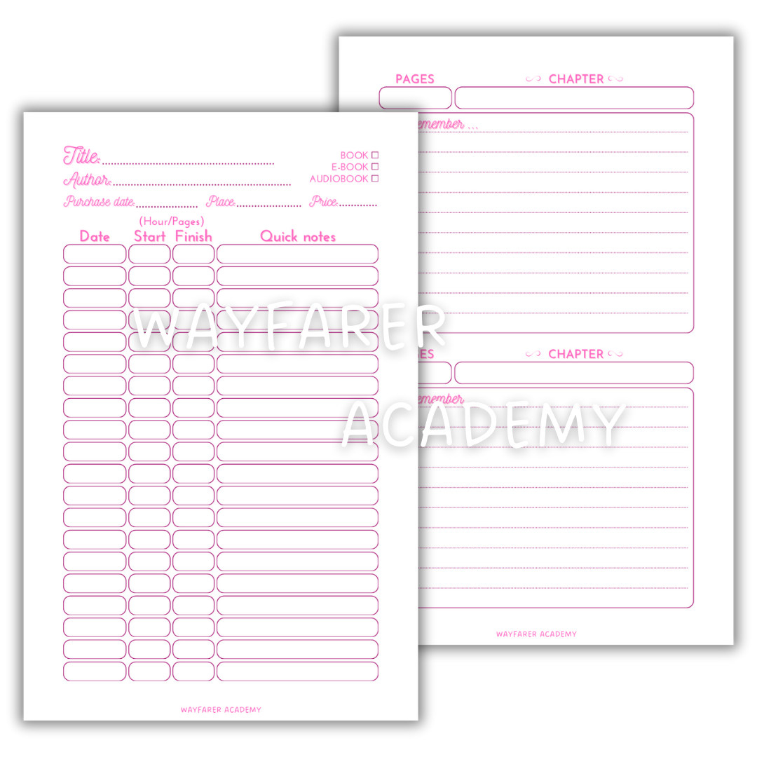 Printable templates. Reading journal. 20 or 2 entries per page. Digital stationery. Pink color.
