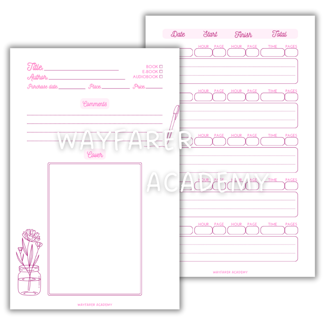 Printable templates. Reading journal. Comments and book cover. Digital stationery. Pink color.