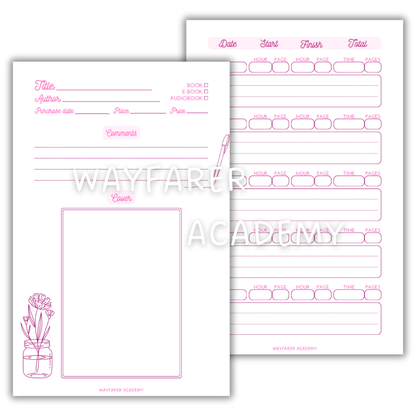 Printable templates. Reading journal. Comments and book cover. Digital stationery. Pink color.