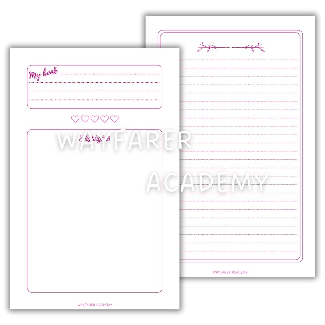 Printable templates. Reading journal. Rate the book and write a review. Digital stationery. Pink color.